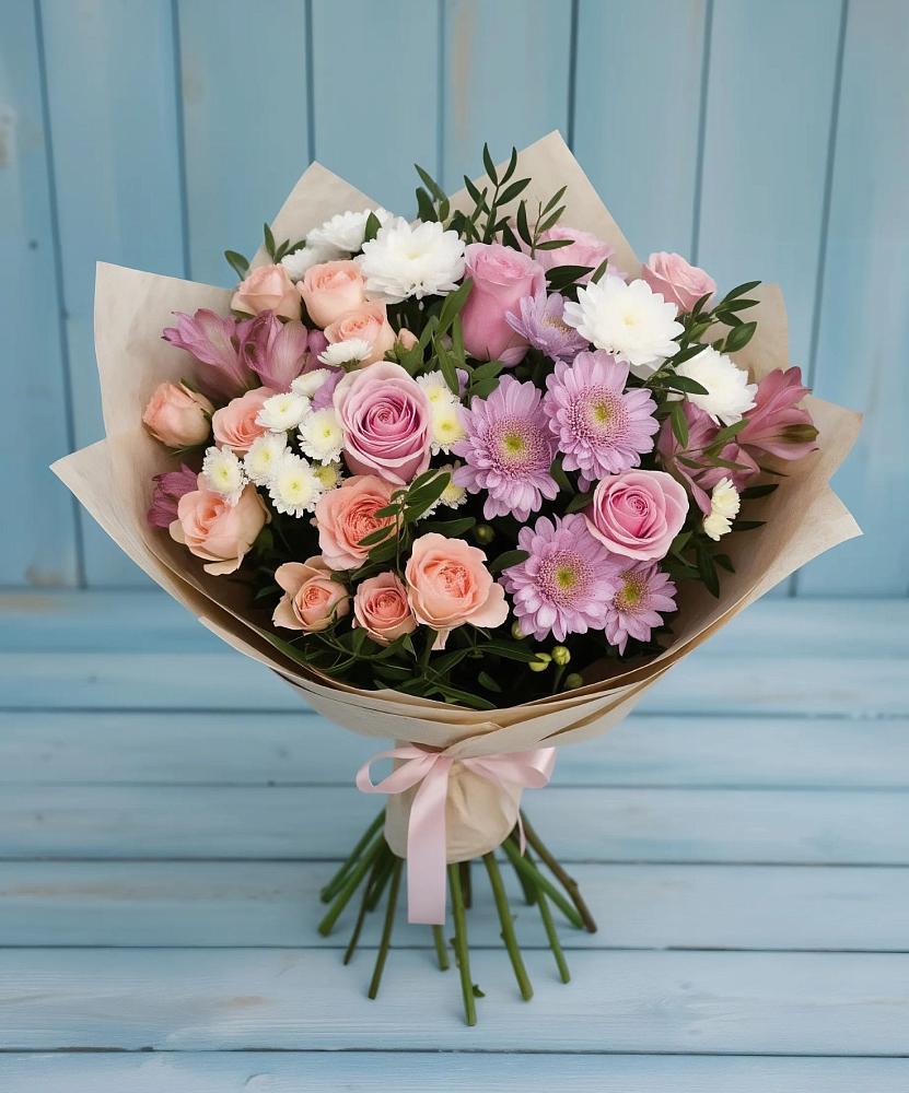 Букет цветов из: Хризантемы, Розы и Альстромерии в Николаевке Республики Мордовия